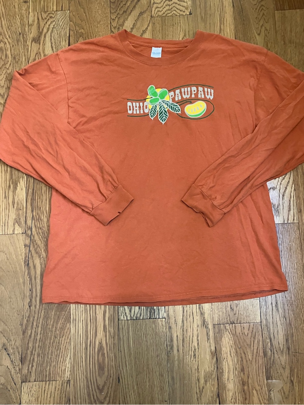 Ohio Pawpaw Long Sleeve T Shirt Orange Gildan Men's L Large 100% Cotton Festival